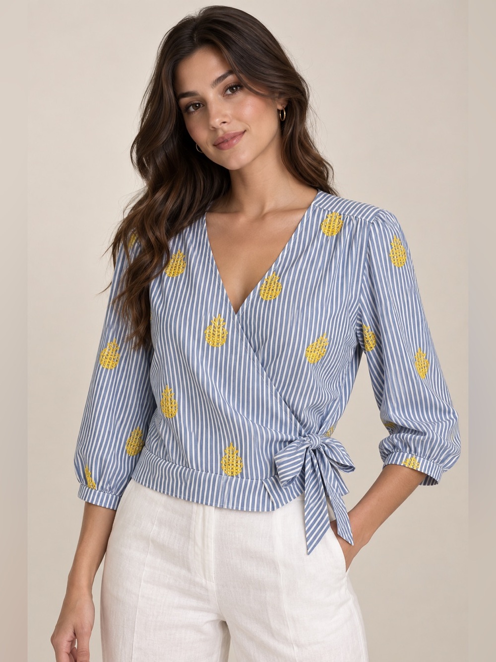 J. Crew Blue and Yellow Striped Wrap Blouse